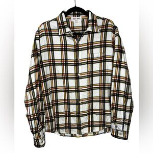 Alex Mill Mens Standard Flannel Shirt Plaid Ecru Large Red Blue Yellow Black
